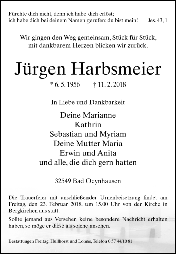 Traueranzeige von Jürgen Harbsmeier von Westfalen-Blatt