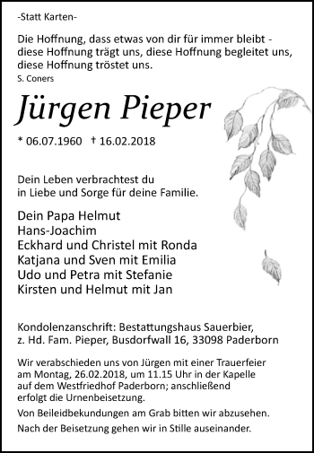 Traueranzeige von Jürgen Pieper von Westfalen-Blatt