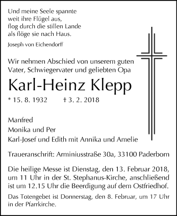 Traueranzeige von Karl-Heinz Klepp von Westfalen-Blatt