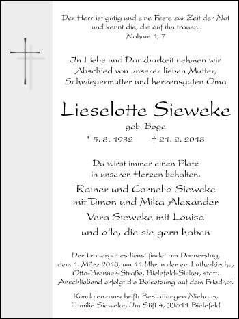 Traueranzeige von Lieselotte Sieweke von Westfalen-Blatt