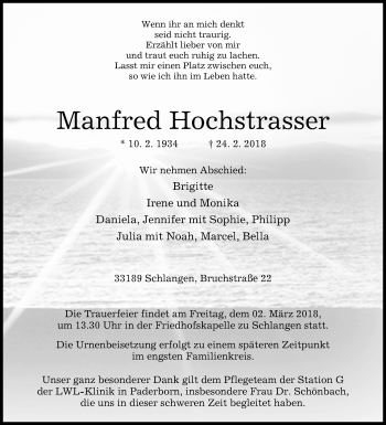 Traueranzeige von Manfred Hochstrasser von Westfalen-Blatt