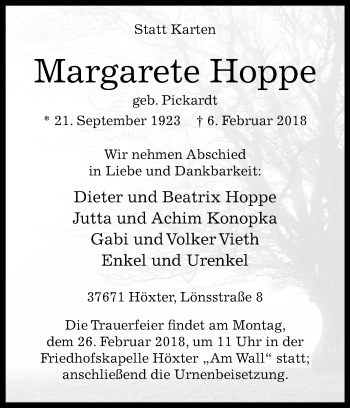 Traueranzeige von Margarete Hoppe von Westfalen-Blatt