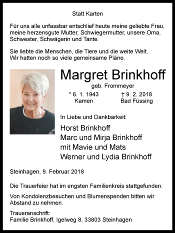 Traueranzeige von Margret Brinkhoff von Westfalen-Blatt