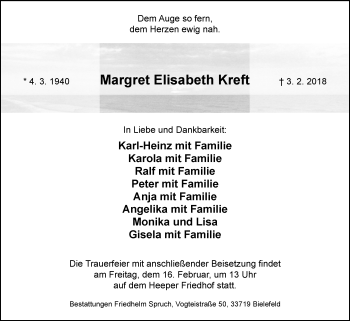 Traueranzeige von Margret Elisabeth Kreft von Westfalen-Blatt