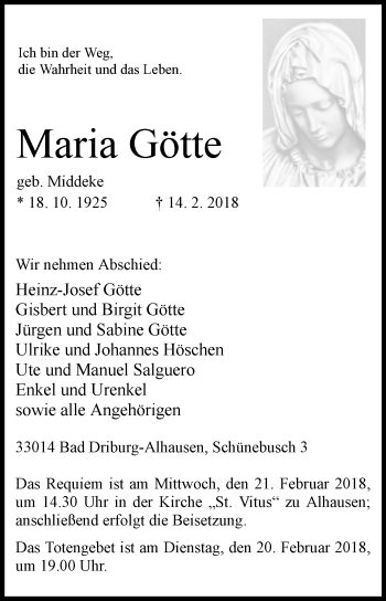 Traueranzeige von Maria Götte von Westfalen-Blatt