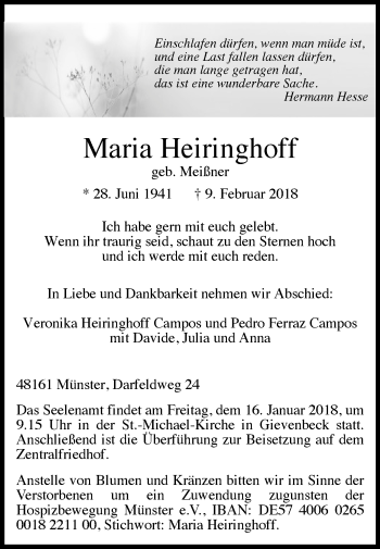 Traueranzeige von Maria Heiringhoff von Westfalen-Blatt