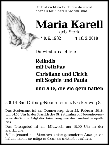 Traueranzeige von Maria Karell von Westfalen-Blatt
