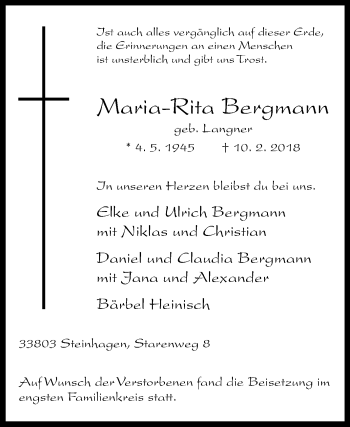 Traueranzeige von Maria-Rita Bergmann von Westfalen-Blatt