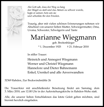 Traueranzeige von Marianne Wiegmann von Westfalen-Blatt