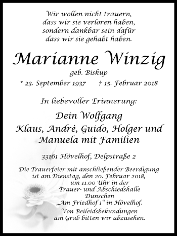 Traueranzeige von Marianne Winzig von Westfalen-Blatt