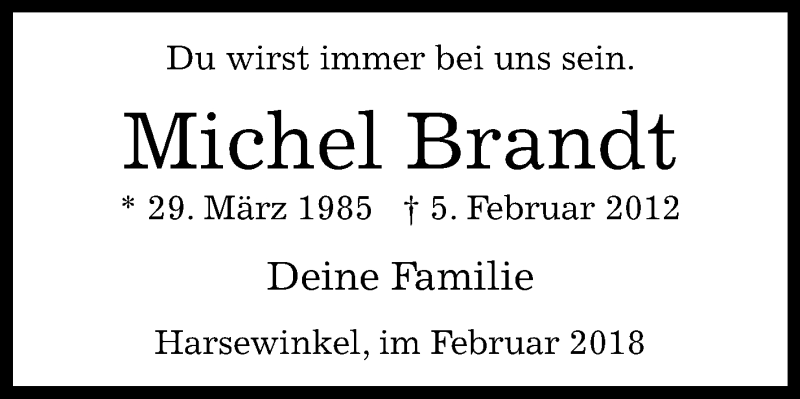  Traueranzeige für Michel Brandt vom 05.02.2018 aus Westfalen-Blatt