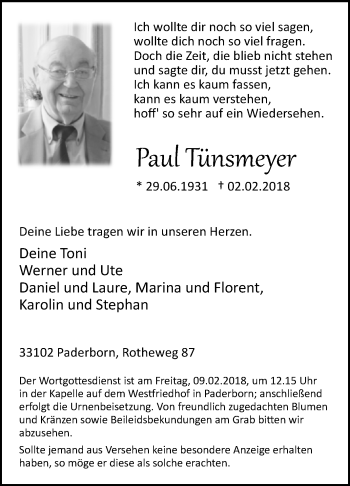 Traueranzeige von Paul Tünsmeyer von Westfalen-Blatt