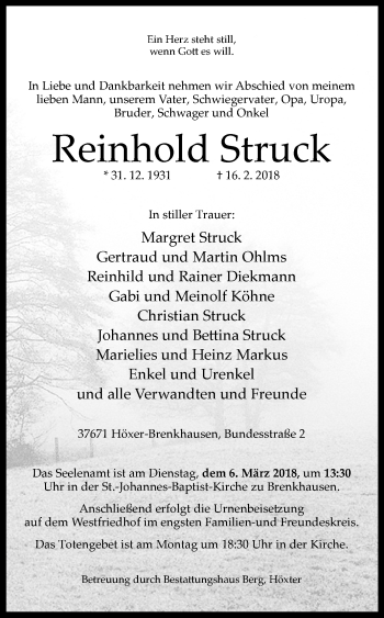 Traueranzeige von Reinhold Struck von Westfalen-Blatt