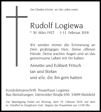Traueranzeige von Rudolf Logiewa von Westfalen-Blatt