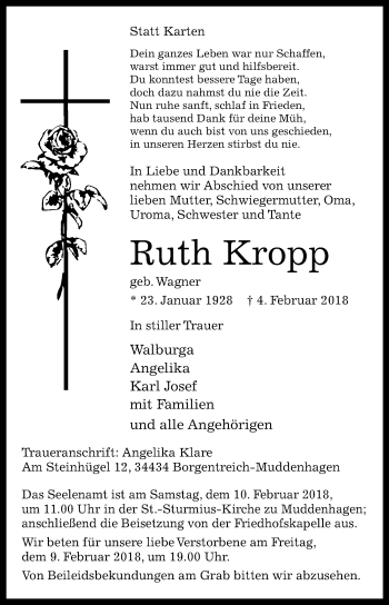Traueranzeige von Ruth Kropp von Westfalen-Blatt