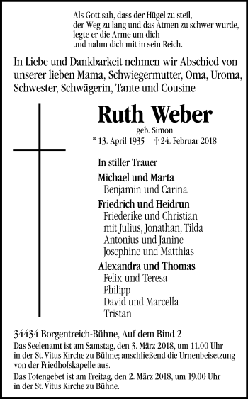 Traueranzeige von Ruth Weber von Westfalen-Blatt