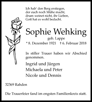 Traueranzeige von Sophie Wehking von Westfalen-Blatt