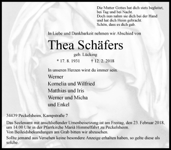 Traueranzeige von Thea Schäfers von Westfalen-Blatt