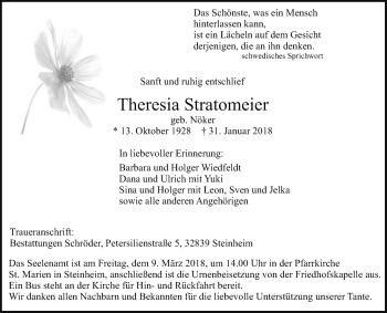 Traueranzeige von Theresia Stratomeier von Westfalen-Blatt