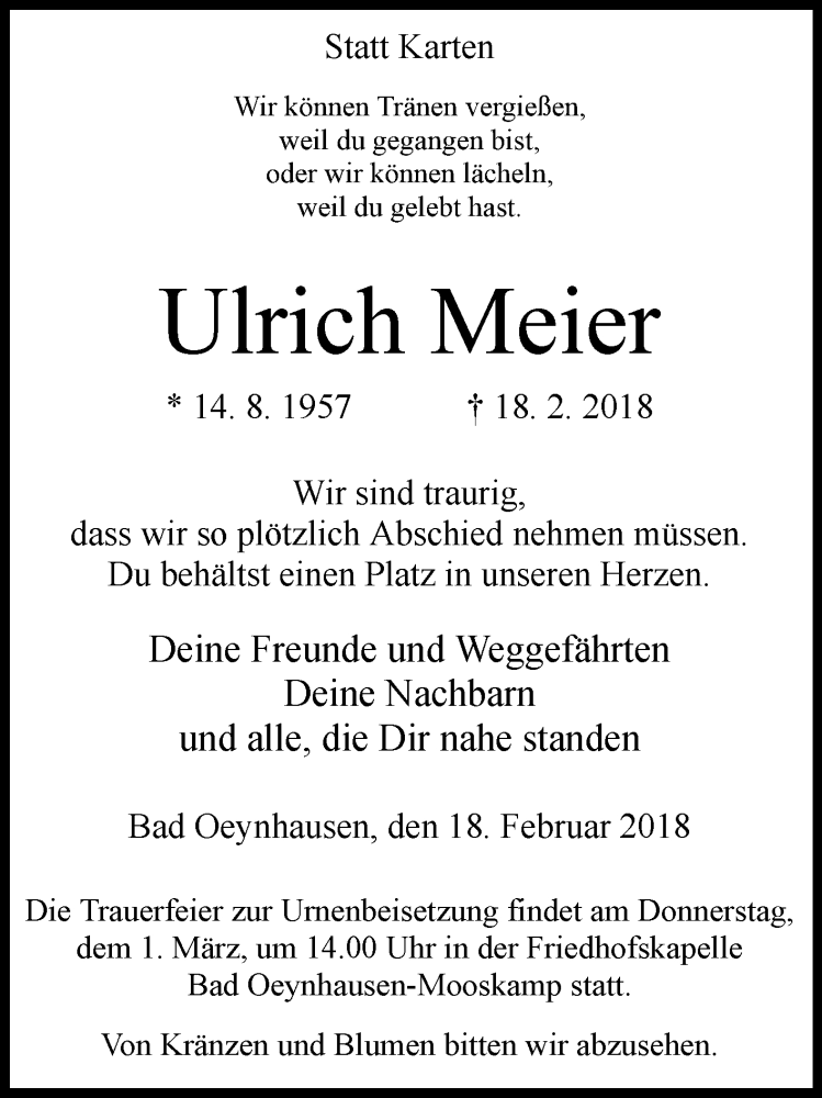  Traueranzeige für Ulrich Meier vom 27.02.2018 aus Westfalen-Blatt