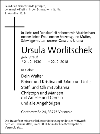 Traueranzeige von Ursula Worlitschek von Westfalen-Blatt