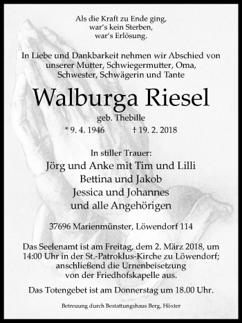 Traueranzeige von Walburga Riesel von Westfalen-Blatt