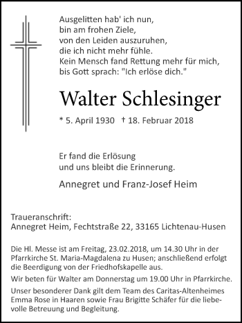 Traueranzeige von Walter Schlesinger von Westfalen-Blatt