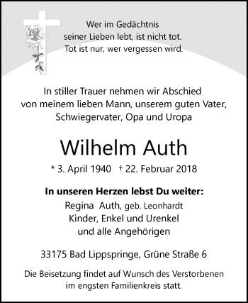 Traueranzeige von Wilhelm Auth von Westfalen-Blatt