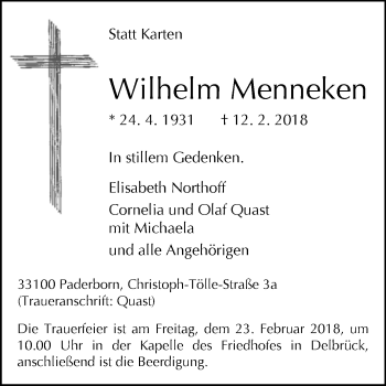 Traueranzeige von Wilhelm Menneken von Westfalen-Blatt