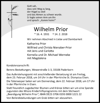 Traueranzeige von Wilhelm Prior von Westfalen-Blatt