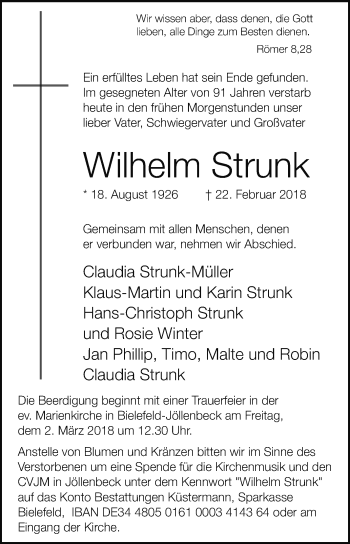 Traueranzeige von Wilhelm Strunk von Westfalen-Blatt