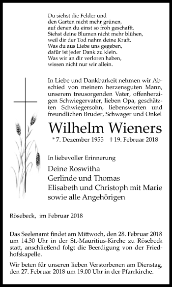 Traueranzeige von Wilhelm Wieners von Westfalen-Blatt