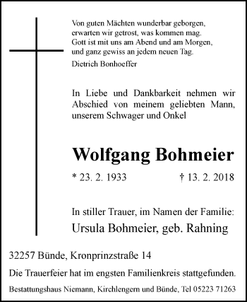 Traueranzeige von Wolfgang Bohmeier von Westfalen-Blatt