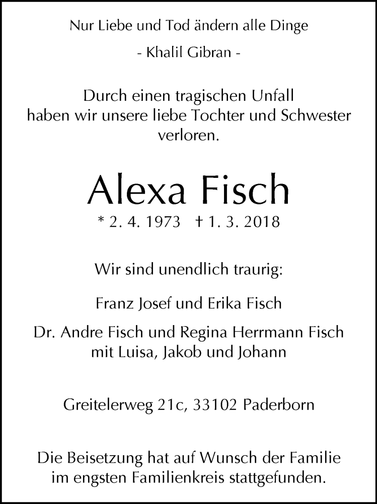  Traueranzeige für Alexa Fisch vom 12.03.2018 aus Westfalen-Blatt