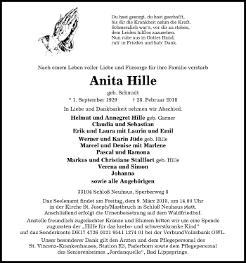 Traueranzeige von Anita Hille von Westfalen-Blatt
