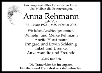 Traueranzeige von Anna Rehmann von Westfalen-Blatt