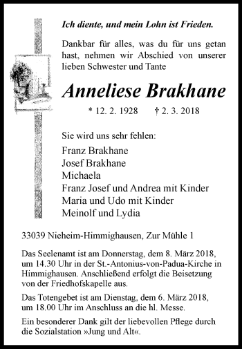 Traueranzeige von Anneliese Brakhane von Westfalen-Blatt