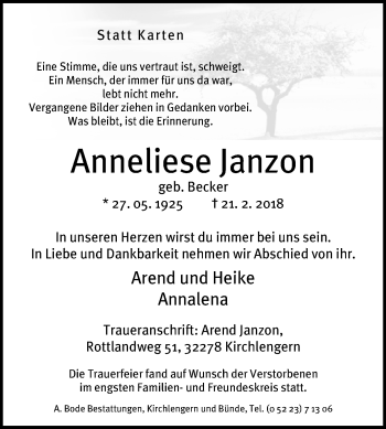 Traueranzeige von Anneliese Janzon von Westfalen-Blatt