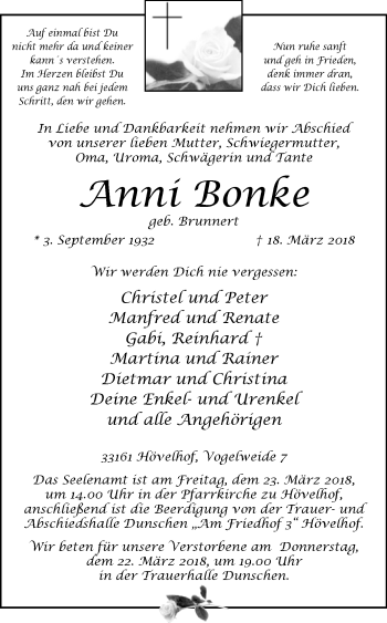 Traueranzeige von Anni Bonke von Westfalen-Blatt