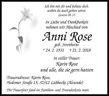 Traueranzeige von Anni Rose von Westfalen-Blatt