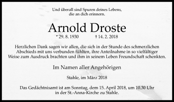 Traueranzeige von Arnold Droste von Westfalen-Blatt