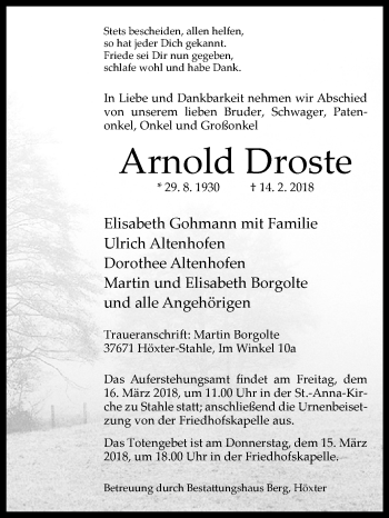 Traueranzeige von Arnold Droste von Westfalen-Blatt