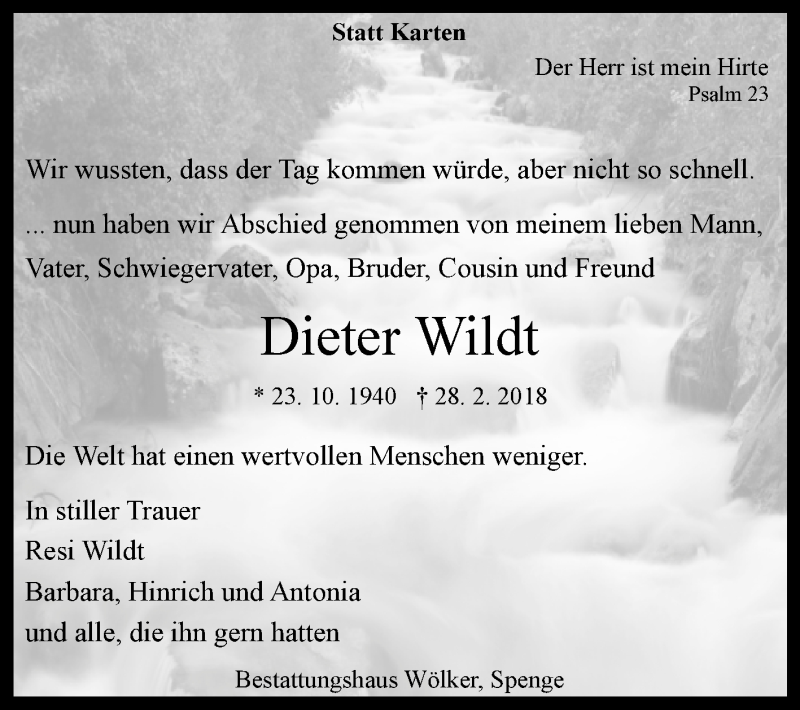  Traueranzeige für Dieter Wildt vom 17.03.2018 aus Westfalen-Blatt