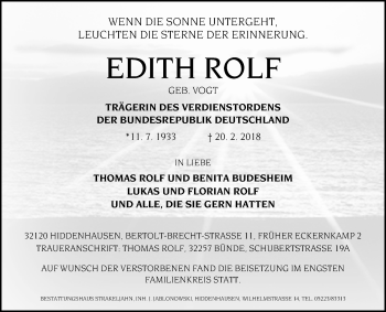 Traueranzeige von Edith Rolf von Westfalen-Blatt