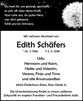Traueranzeige von Edith Schäfers von Westfalen-Blatt