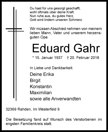 Traueranzeige von Eduard Gahr von Westfalen-Blatt