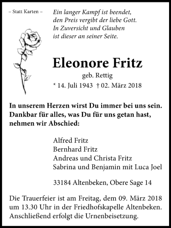 Traueranzeige von Eleonore Fritz von Westfalen-Blatt