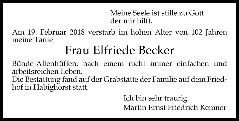  Traueranzeige für Elfriede Becker vom 10.03.2018 aus Westfalen-Blatt