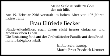 Traueranzeige von Elfriede Becker von Westfalen-Blatt