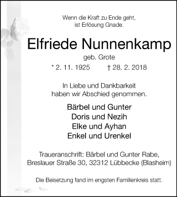 Traueranzeige von Elfriede Nunnenkamp von Westfalen-Blatt